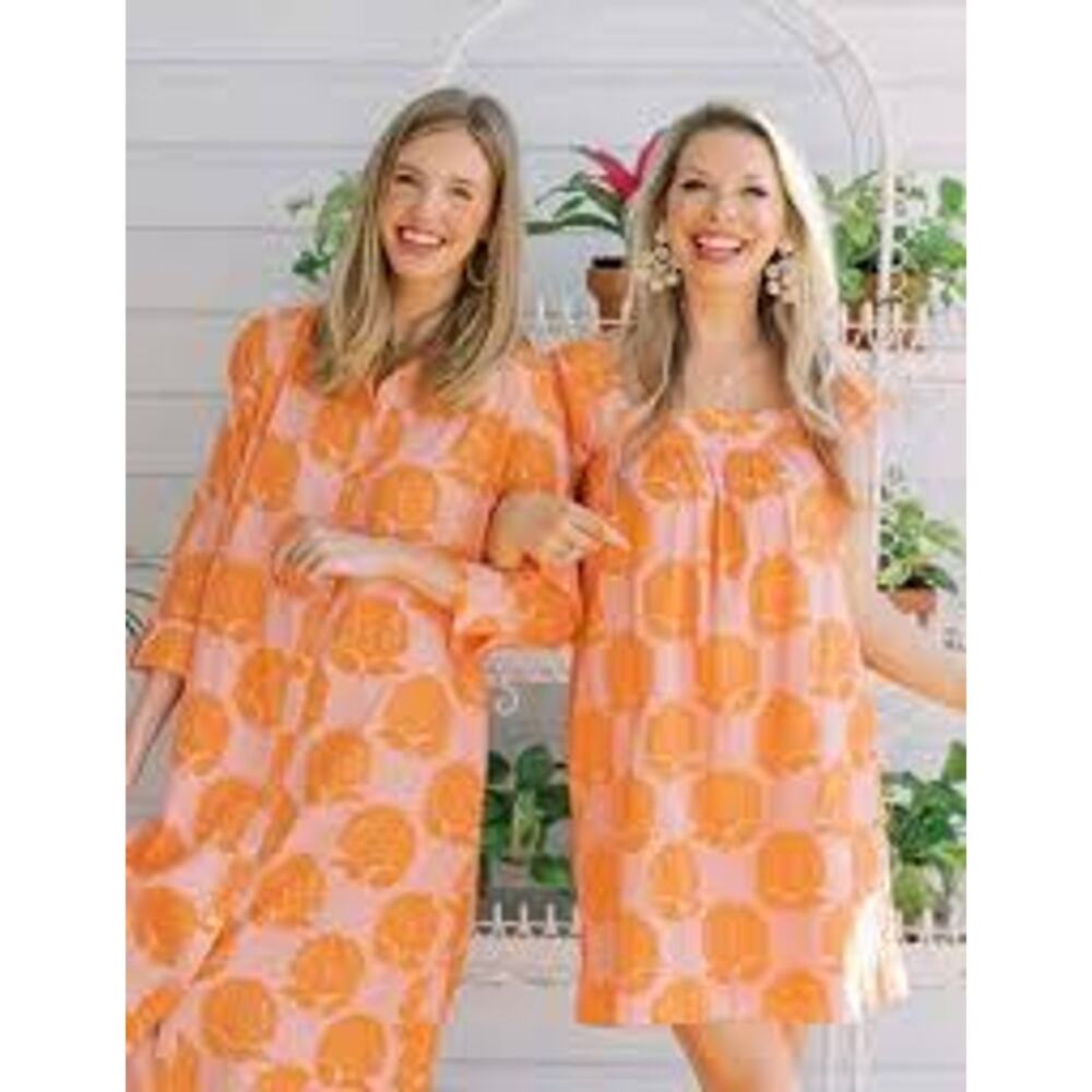 NWT navyBLEU "Sara" Pink & Orange Hydraenga Maxi Cotton Shirt Dress size Medium